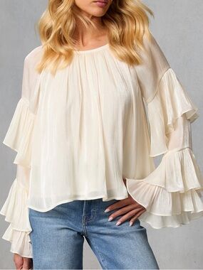 VICI Cream Shimmer Ruffle Sleeve Blouse Top Medium NWOT